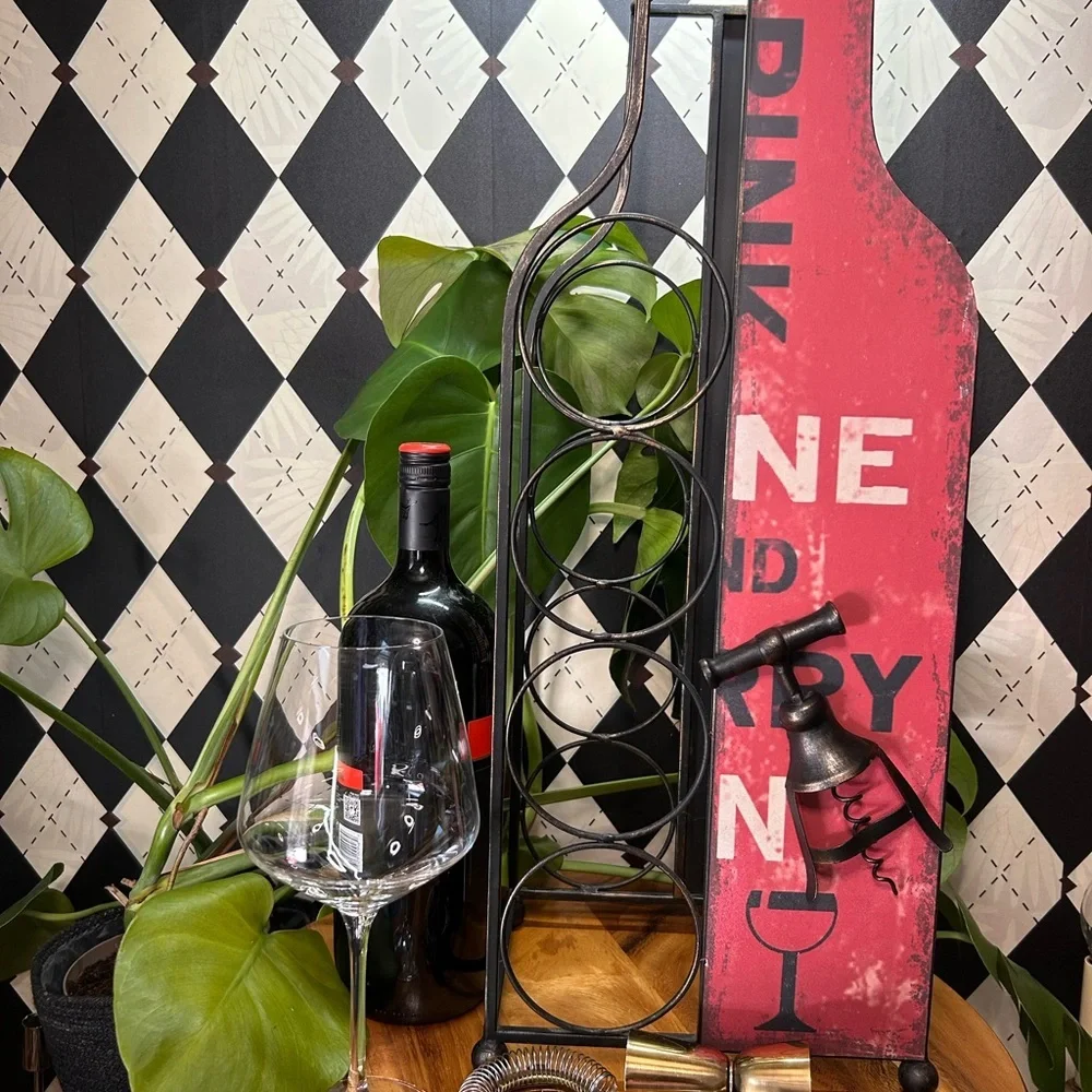 Industrial Wine Bottle Stand – Bold Rustic Iron‎ with Corkscrew Accent
